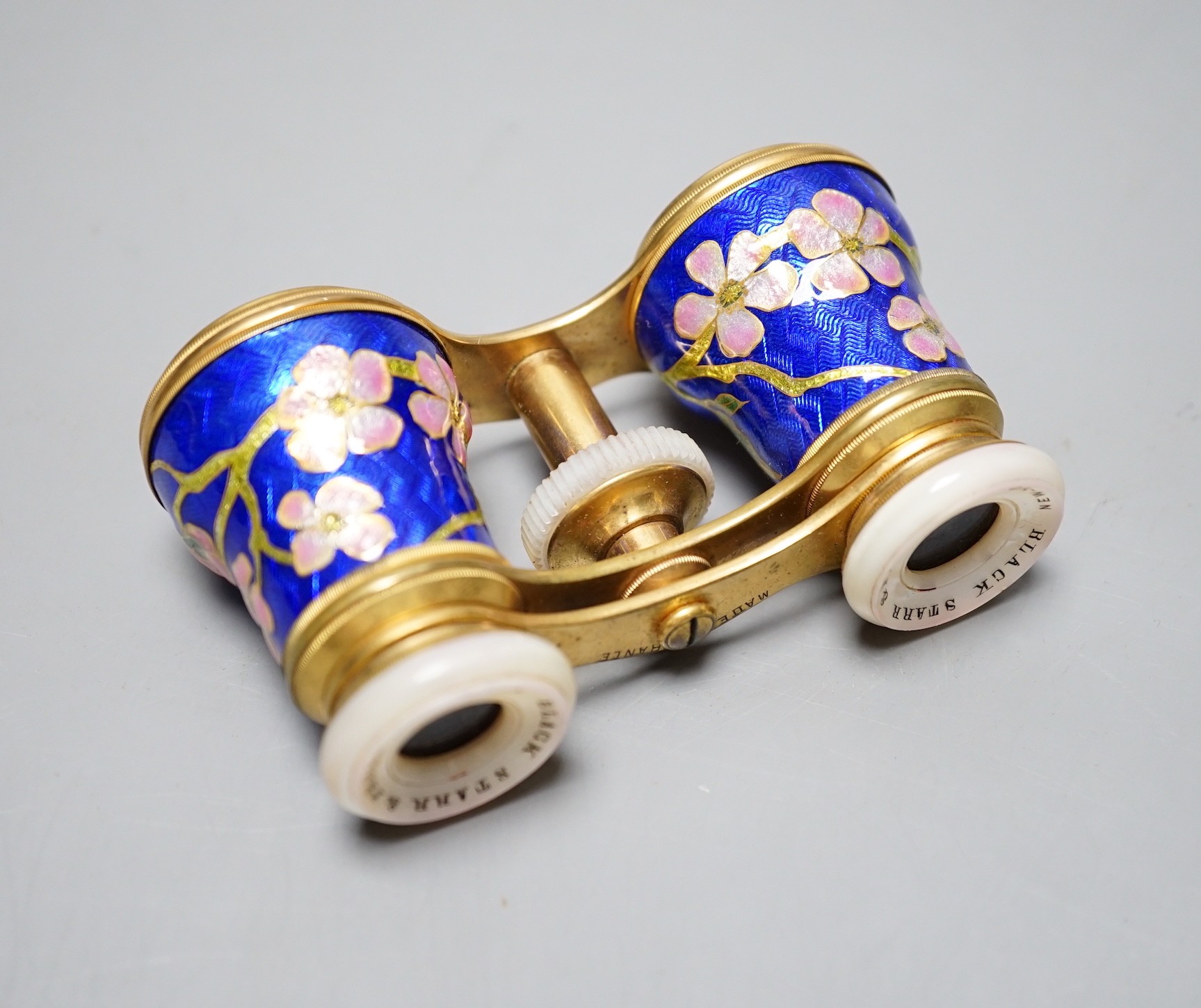 A pair of American blue and pink floral enamel opera glasses by Black Star & Frost of New York